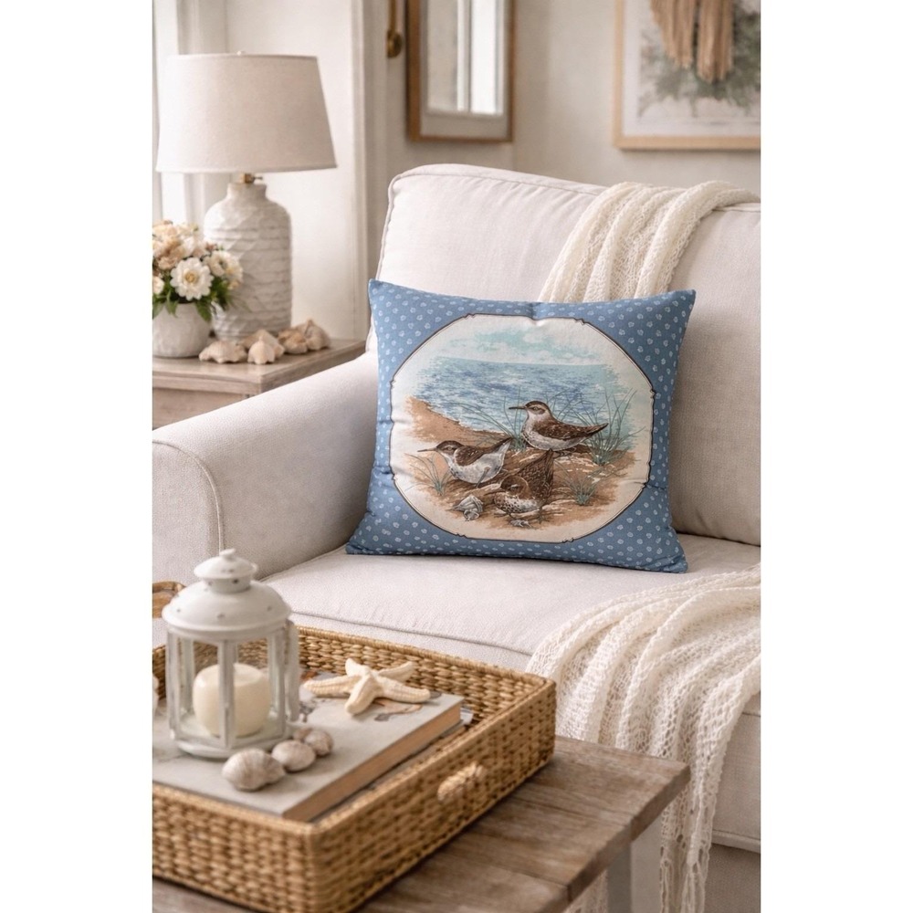 Sandpipers on the seashore pillow VTG Handmade Complete Nautical Coastal Seaside